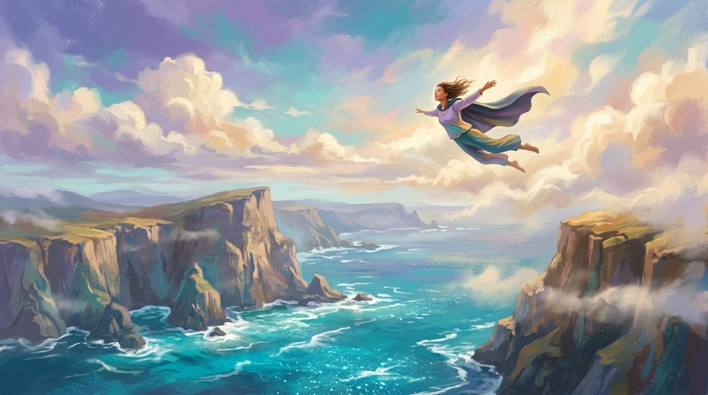 A figure flying weightlessly above seaside cliffs and turquoise ocean