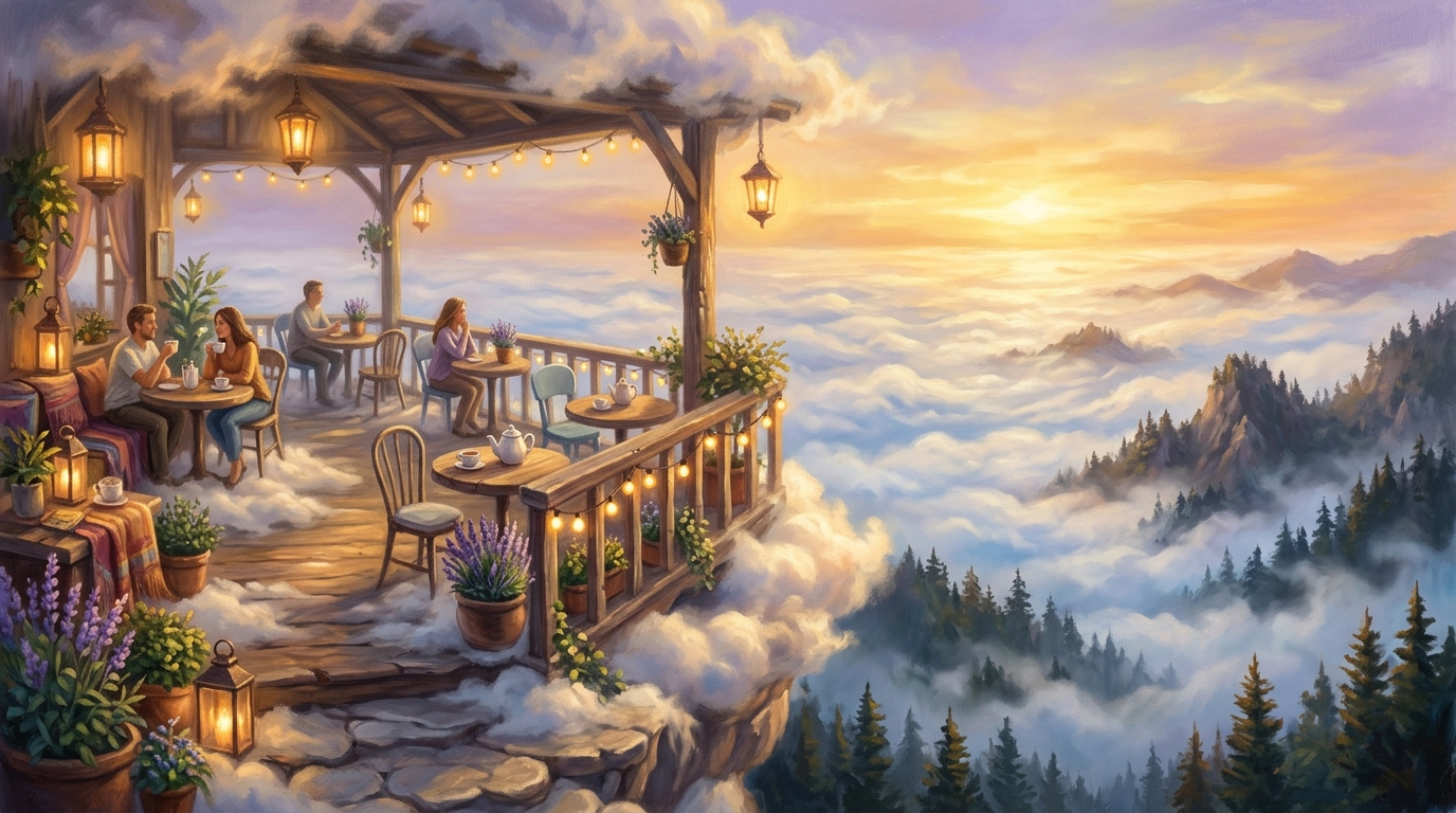 A sunlit café terrace floating above a sea of mist and pine peaks